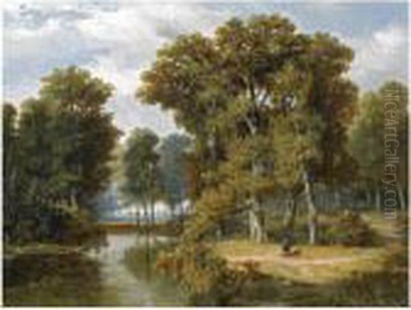 A Hunter And An Angler In A Wooded Landscape Oil Painting by Willem Roelofs