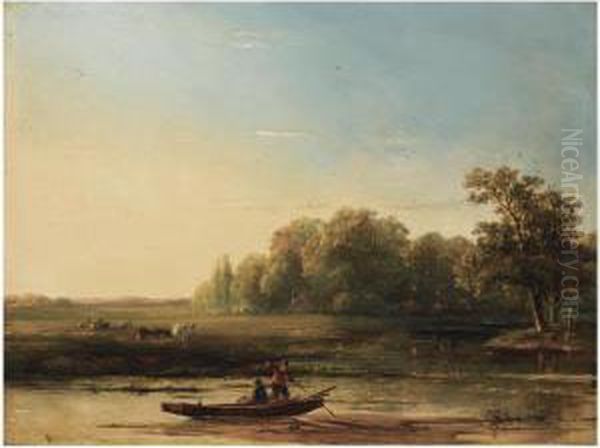 A Summer Landscape With Fishermen In A Boat Oil Painting by Willem Roelofs