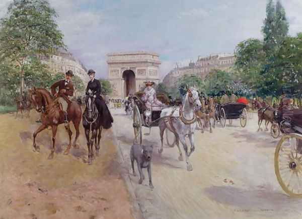 Riders and Carriages on the Avenue du Bois, c.1900 Oil Painting by Georges Stein