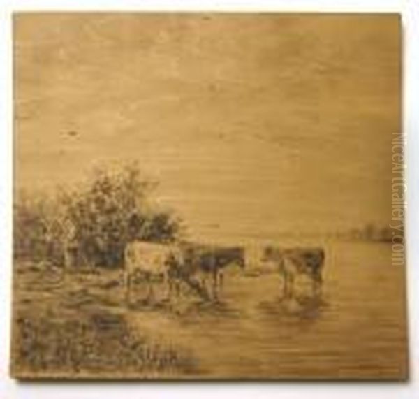 Watering Cows In Summer Landscape Oil Painting by Willem Roelofs