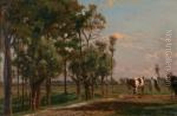 Boer En Koeien Bij Wilgenbomen Oil Painting by Willem Roelofs