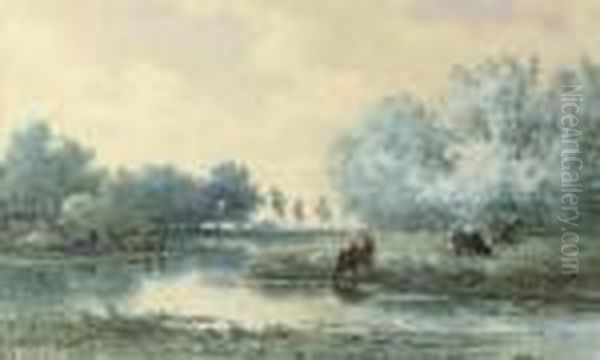 Cattle On A Riverbank Oil Painting by Willem Roelofs