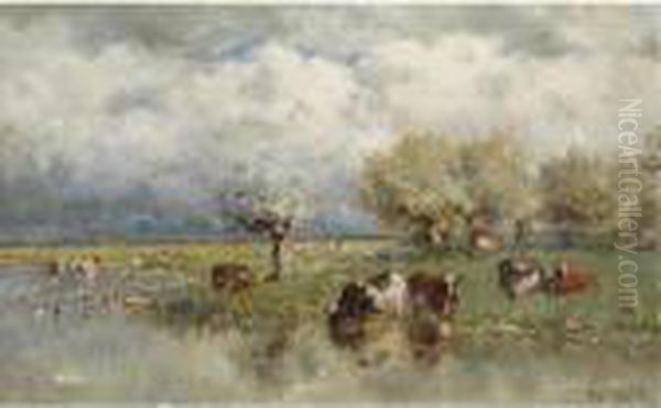 Cows In A Polder Landscape Oil Painting by Willem Roelofs