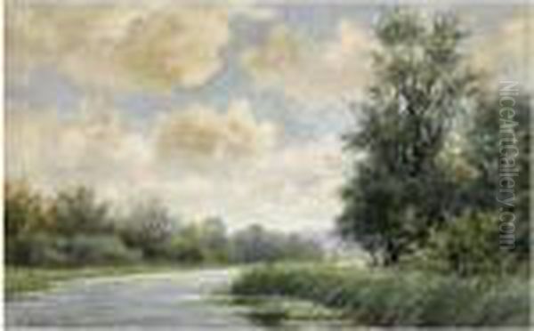 A Sunlit Polder Landscape Oil Painting by Willem Roelofs