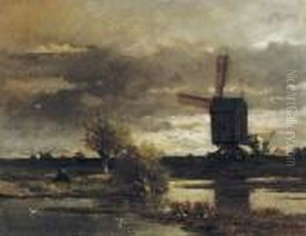 Afternoon Fishing Near A Windmill Oil Painting by Willem Roelofs