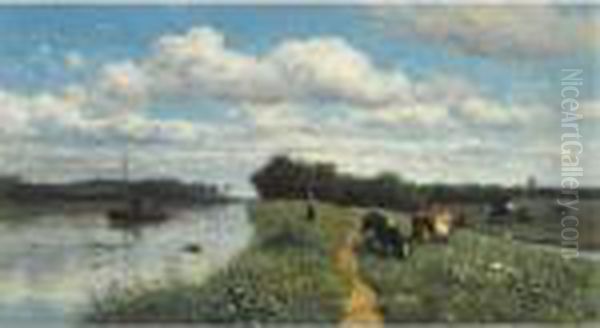 Cows Grazing Near A Canal, Schiedam Oil Painting by Willem Roelofs