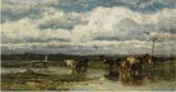 Cows On A River Bank In A Summer Landscape Oil Painting by Willem Roelofs