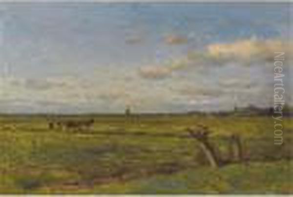 A Ploughing Farmer In A Polder Landscape Oil Painting by Willem Roelofs