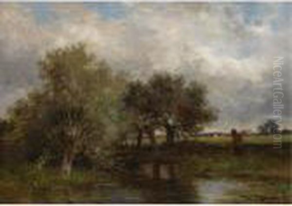 An Angler In A Summer Landscape Oil Painting by Willem Roelofs