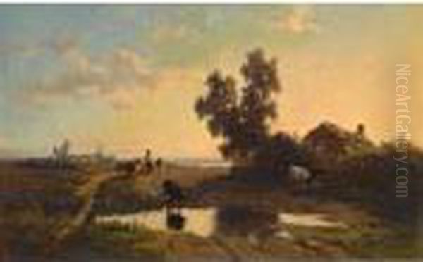 A Farmer And His Cows At Sunset Oil Painting by Willem Roelofs