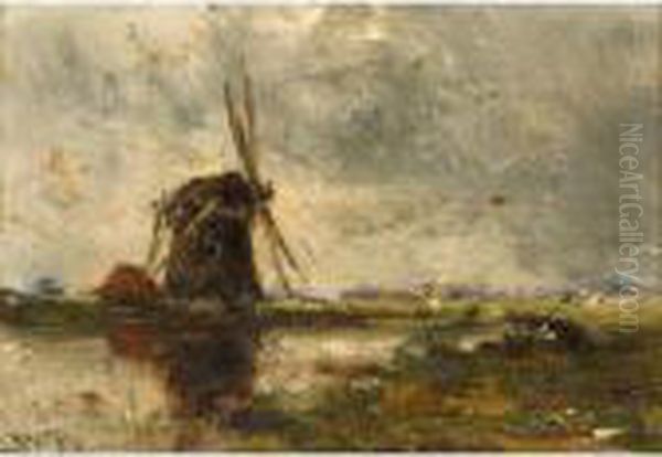 Watering Cows; A Windmill In A Polder Landscape (a Pair) Oil Painting by Willem Roelofs