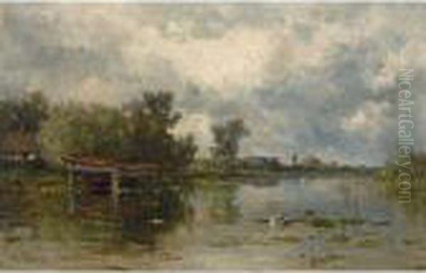 A Boathouse In A Polder Landscape Oil Painting by Willem Roelofs