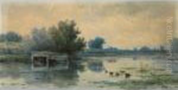 A Boathouse In A Polder Landscape Oil Painting by Willem Roelofs