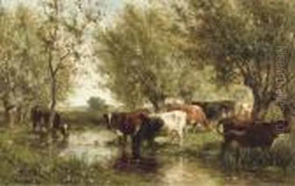 Cattle By A Wooded Pond Oil Painting by Willem Roelofs