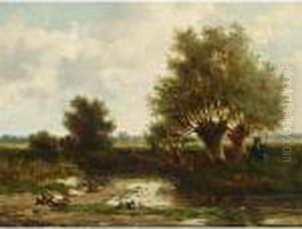 An Angler On The Waterfront Oil Painting by Willem Roelofs