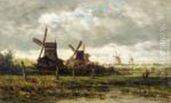 A Landscape With Windmills And Two Figures Oil Painting by Willem Roelofs