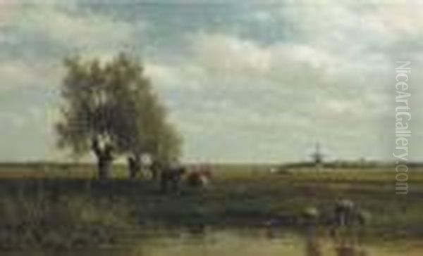 Cows By A Stream In A Polder Landscape Oil Painting by Willem Roelofs