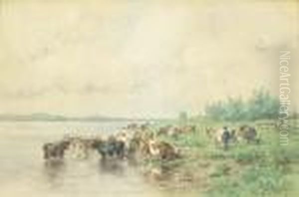 Cattle Grazing By The Riverside Oil Painting by Willem Roelofs