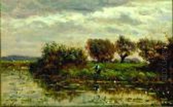 Fisherman Stream Oil Painting by Willem Roelofs