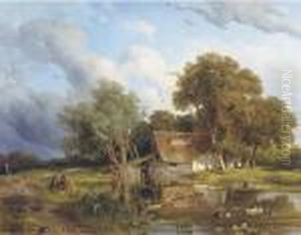 A Wooded Landscape With Children Playing By A Pond Oil Painting by Willem Roelofs