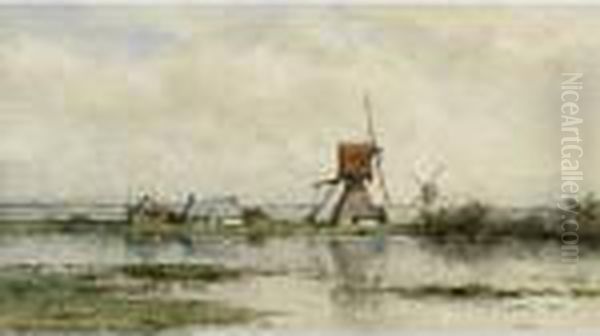 Windmills In A Polder Landscape Oil Painting by Willem Roelofs