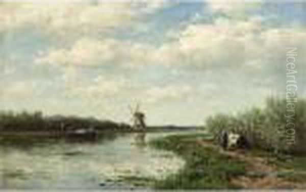 Figures On A Country Road Along A Waterway, A Windmill In The Distance Oil Painting by Willem Roelofs