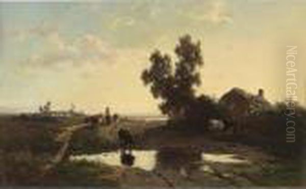 A Cowherd And His Cattle At Sunset Oil Painting by Willem Roelofs