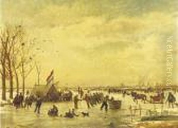 Hollandsch Ijsvermaak: A 
Populous Crowd Enjoying A Day On The Ice With Rotterdam In The Distance Oil Painting by Willem Roelofs