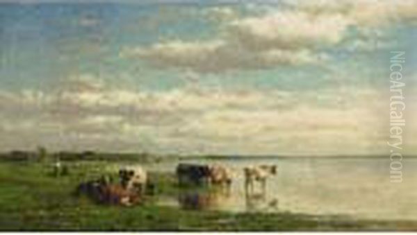 Watering Cows In A Summer Landscape Oil Painting by Willem Roelofs