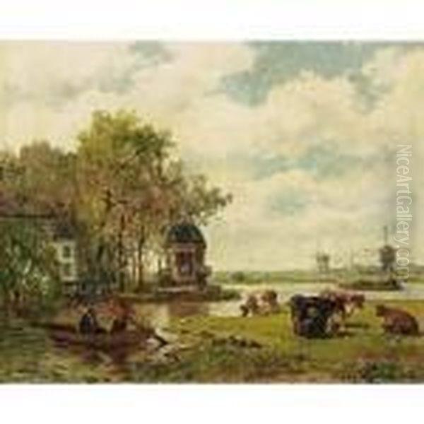 A Summer Landscape With A Tea House On The River Vecht Oil Painting by Willem Roelofs