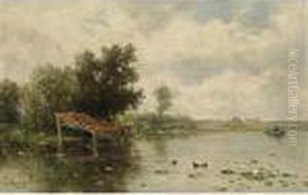 A Polder Landscape With A Man In A Rowing Boat Oil Painting by Willem Roelofs