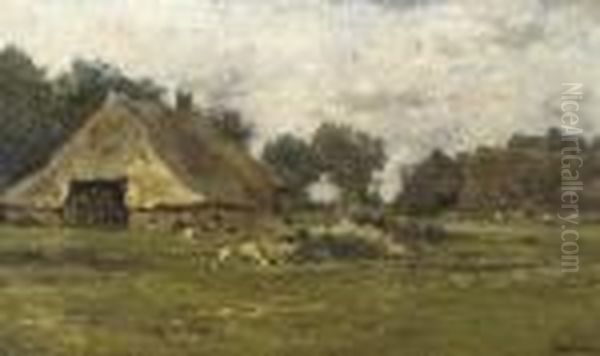 Farmhouses In Aalden, Drenthe Oil Painting by Willem Roelofs