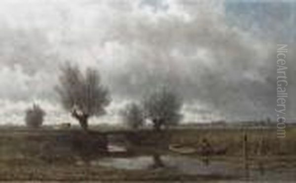 Na De Regen: A Fisherman In A Polder Landscape Oil Painting by Willem Roelofs