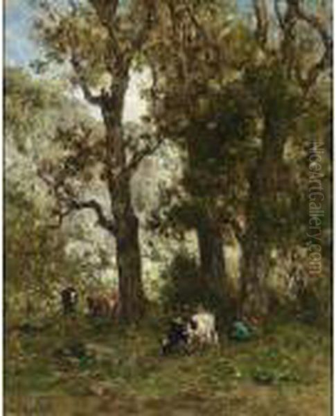 Cattle In A Wooded Landscape Oil Painting by Willem Roelofs