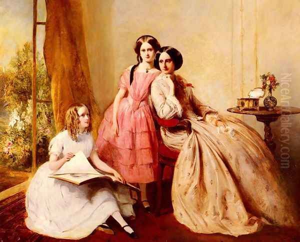 A Portrait Of Two Girls With Their Governess Oil Painting by Abraham Solomon