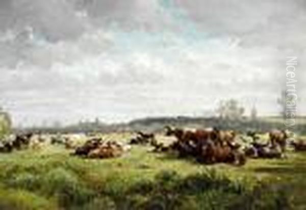 Cows Grazing In A Meadow In Summer Oil Painting by Willem Roelofs