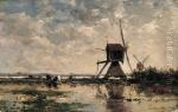 A Polder Landscape With Windmills Oil Painting by Willem Roelofs