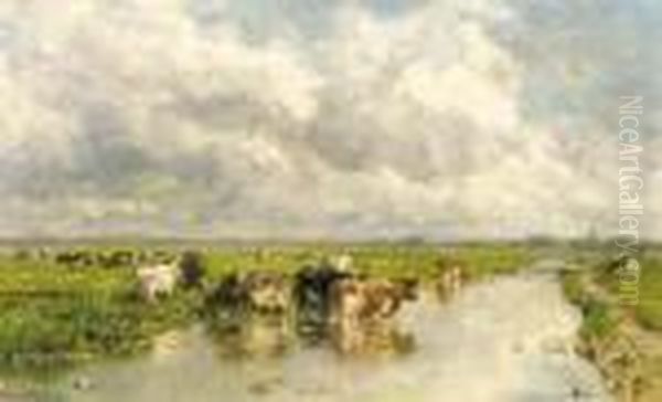 Weide Met Vee: Cows On A Riverbank Oil Painting by Willem Roelofs