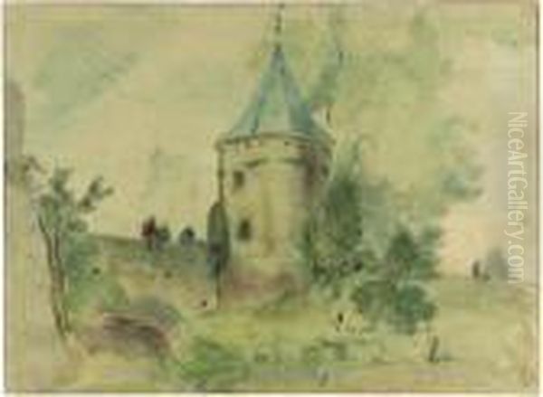 The Monnikendam Watergate, 
Amersfoort With Figures Fishing (recto);a Sketch Of A Farm On The 
Grutterdijk, Near Amersfoort(verso) Oil Painting by Willem Roelofs