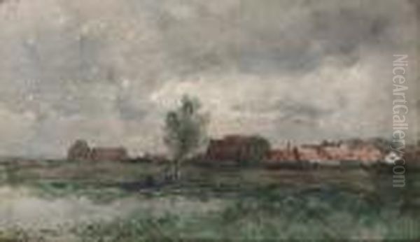 A Village In The Polder Lit By A Sunlight On A Grey Day Oil Painting by Willem Roelofs