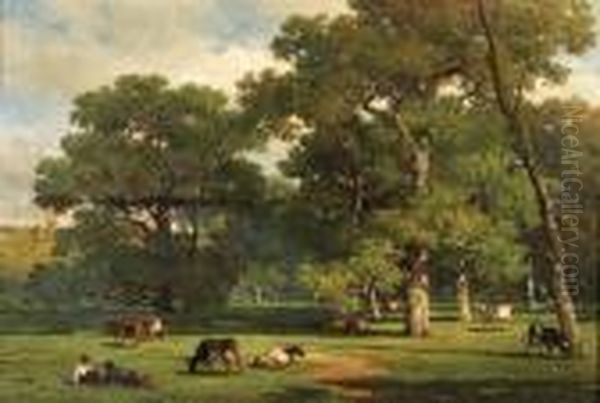 Cows In A Sunlit Meadow Oil Painting by Willem Roelofs