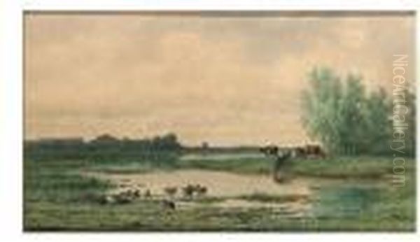 Cows Watering At A Pool In The Morning Stillness Oil Painting by Willem Roelofs