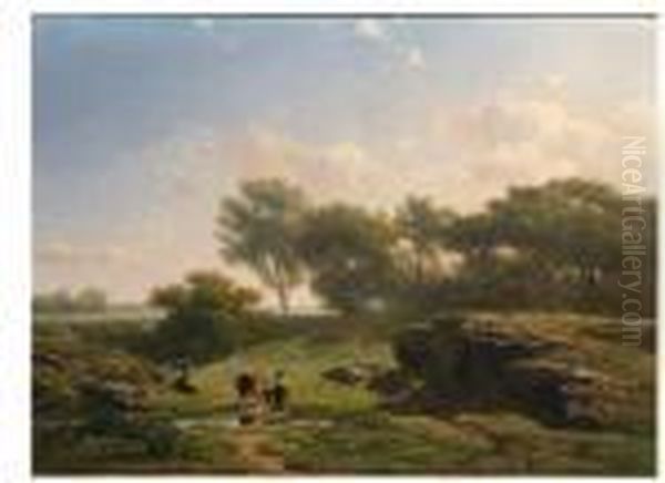 Cowherdesses Resting In A Hazy Summer Landscape, Barbizon Oil Painting by Willem Roelofs