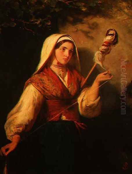 Young Woman Spinning Wool Oil Painting by Abraham Solomon