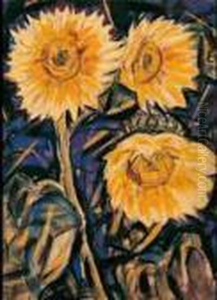 Drei Sonnenblumen Oil Painting by Christian Rohlfs