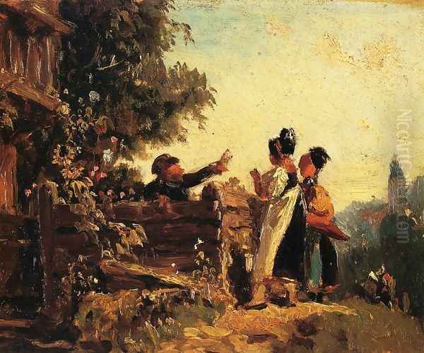 Swabian Girls at a Garden Fence Oil Painting by Carl Spitzweg