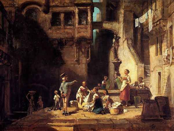 Wascherinnen am Brunnen Oil Painting by Carl Spitzweg