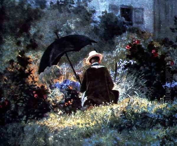 Detail of a Gentleman reading in a garden Oil Painting by Carl Spitzweg