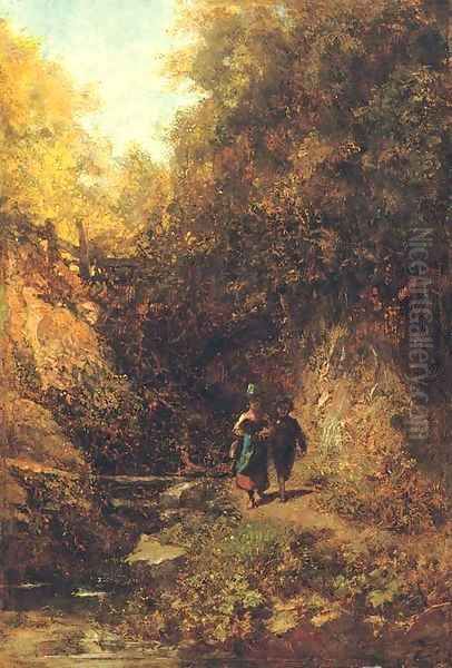 Zwei Kinder im Wald (Two children in a woodland) Oil Painting by Carl Spitzweg