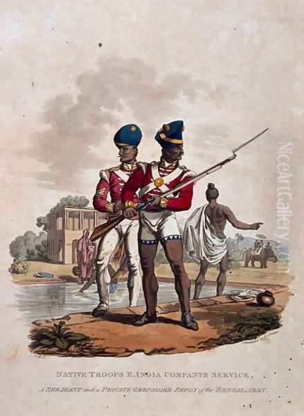 Native Troops, East India Companys Service, A Sergeant and a Private Grenadier Sepoy of the Bengal Army, from Costumes of the Army of the British Empire, according to the last regulations 1812, published by Colnaghi and Co. 1812-15 Oil Painting by Charles Hamilton Smith